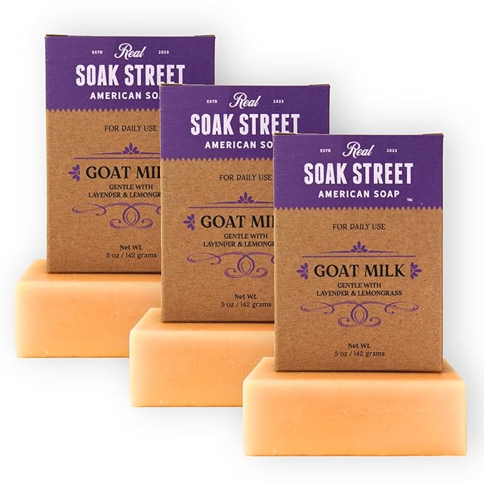 Soak Street Real American Soap with Goat Milk, Lavender & Lemongrass (3 Pack) – Long-Lasting, Moisturizing Natural Bar Soap with Grass Fed-Tallow, Gentle Conditioning Lard, & Coconut Oil – Daily Use