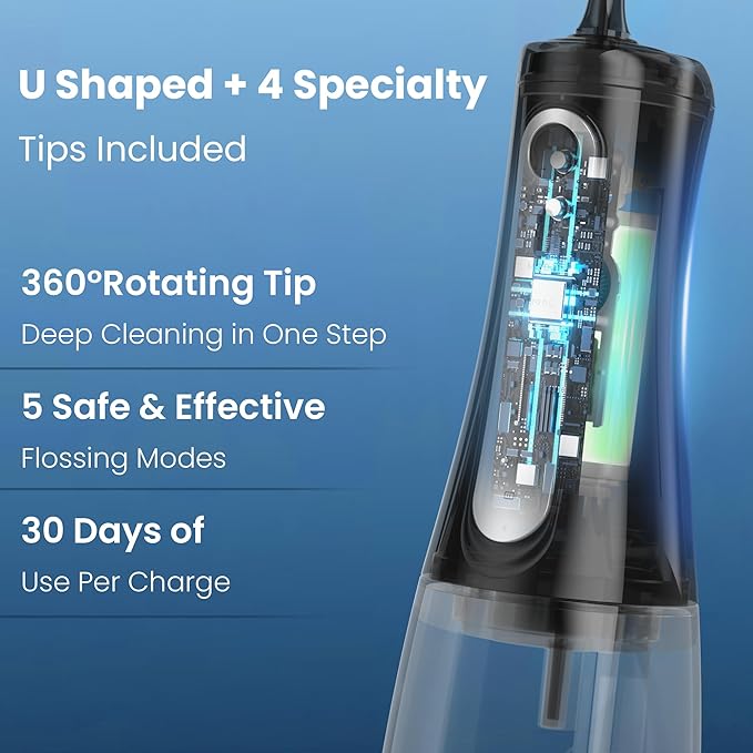 Ducard Cordless Water Flosser for Teeth, U-Shaped Flossing 360° Deep Clean, 5 Modes 7 Jet Tips for Adult & Child, Portable Rechargeable Dental Flosser Pick for Braces, Travel, 350ML Large Tank