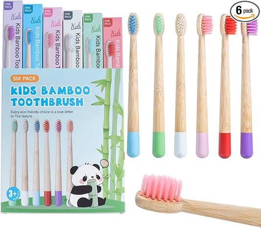 Kids Bamboo Toothbrushes Set, BPA Free Soft PBT Bristles, Natural Eco Friendly Wooden Tooth Brush for Children Toddler, Biodegradable Individual Wrap Travel Toothbrush 6 Pack