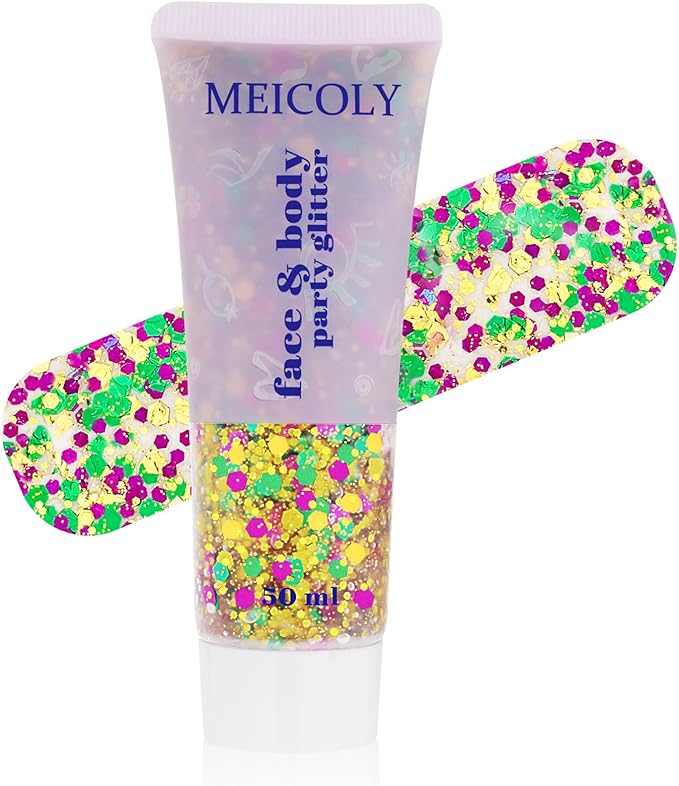 MEICOLY Mardi Gras Face Body Glitter Gel,Skin-Friendly Holographic Hair Glitter for Kids & Adults, Music Festival Concert Rave Makeup,Gold Green Purple Mixed Chunky Glitter for Mardi Gras Carnival