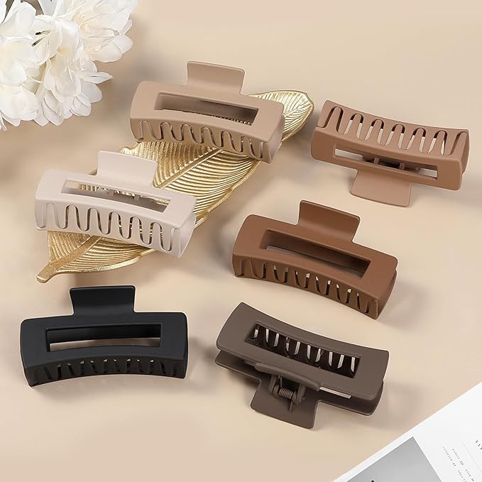 4 Inch Big Hair Claw Clips 6 Pcs Large Claw for Thick Hair Square Hair Clips for Women Rectangle Hair Clips Nonslip Acrylic Banana Jaw Clips Hair Accessories for Girls (Coffee Brown)