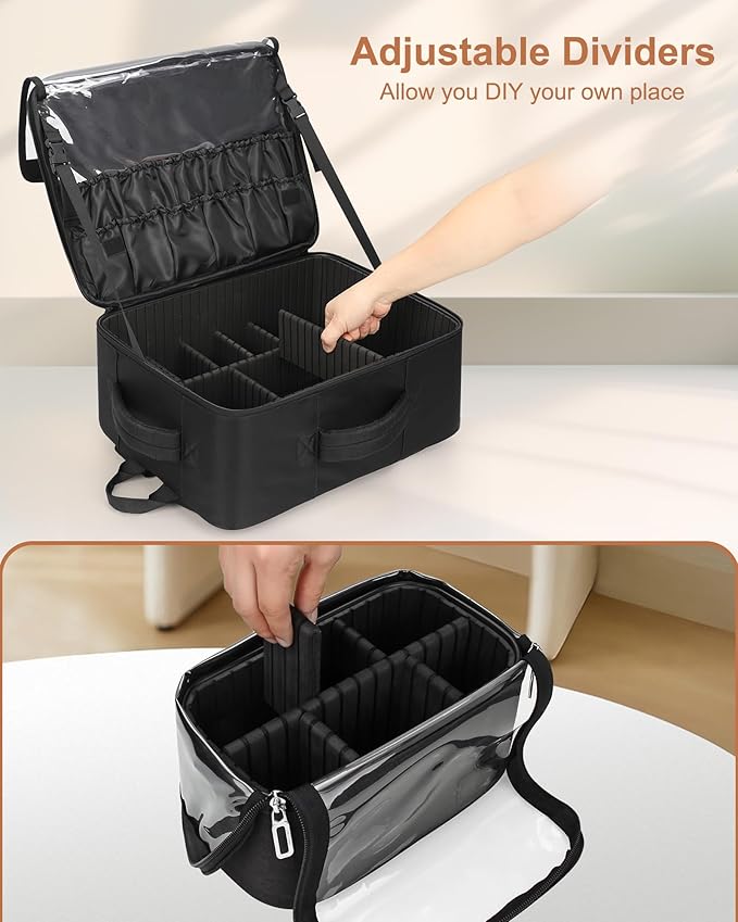 Relavel Makeup Backpack with Makeup Brush Case, Extra Large Travel Train Case Professional Artist Kit Set Bag with 4 Clear Bags, Brush Storage Organizer Box for Cosmetic Hair Tools, Black