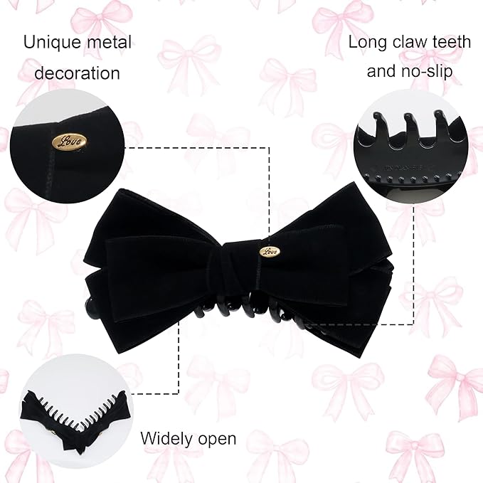 3 Pack Velvet Bow Banana Clips for Hair, Large French Hair Claw Clips for Women Thick Hair, Non-Slip Strong Hold Ponytail Holder, Elegant Ribbon Jaw Clips Accessories (Black, Burgundy, Camel)