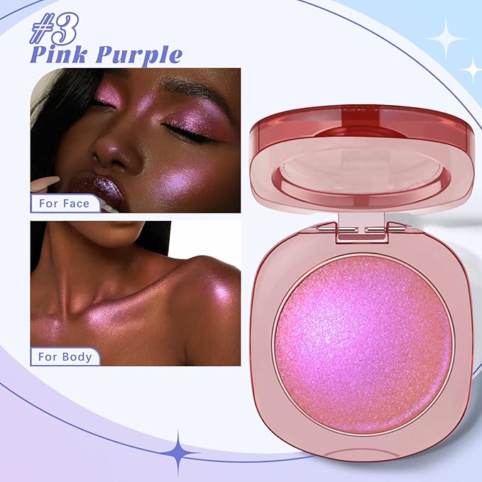 Holographic Chameleon Pink Purple Eyeshadow&Highlighter Palette Makeup, Color Shift Glitter Iridescent Cream Highlighter, Smooth Long Lasting Sparkling Facial Illuminator Palette Fairy Makeup