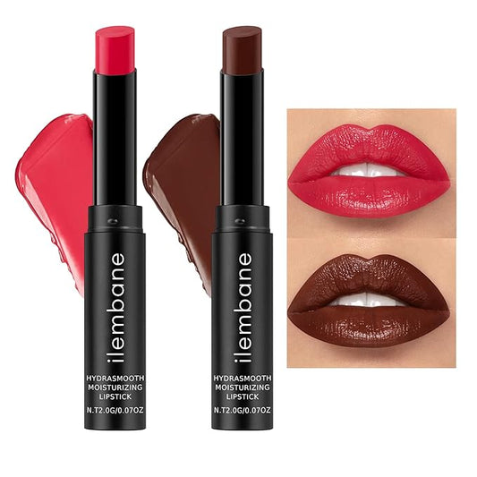 ilembane 2-Pack Moisturizing Classic Red & Cocoa Lipstick Set – Hydrating Creamy Lip Color for Dry, Cracked Lips, Weightless Glossy Lip Balm with Vitamin E, Long Lasting Vegan Lipstick