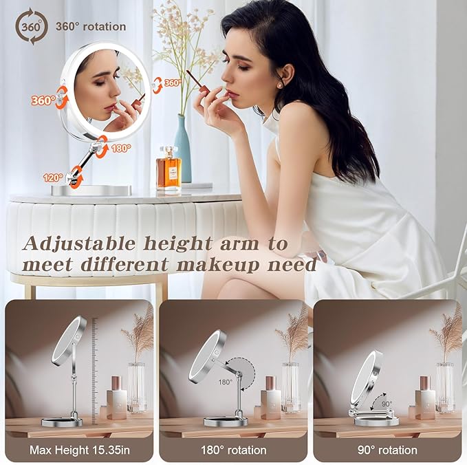 Rocollos 9" Large Lighted Makeup Mirror with 1X/10X Magnification, 4000mAh Rechargeable Vanity Mirror with Height Adjustable & 3 Color Dimmable Lights (9 Inch-Chrome)