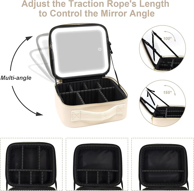 Jadazror Portable Travel Makeup Bag with Lighted Mirror, 3 Color Brightness, Beige