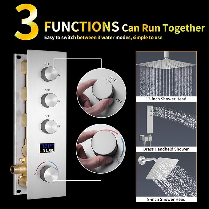 AYIVG Brushed Nickel Thermostatic Rainfall Shower System 12 Inch And 8 Inch Dual Square Shower Head System Ceiling Mount Bathroom Temperature Display Shower Faucet Set With Handled Spray
