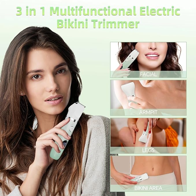 RUIBO Bikini Trimmer for Women, 3-in-1 Painless Electric Razors for Silk Skin, Wet/Dry Body Hair Shaver for Face Nose Eyebrow Arms Armpit Legs Pubic Area, IPX7 Waterproof, Ceramic Blade