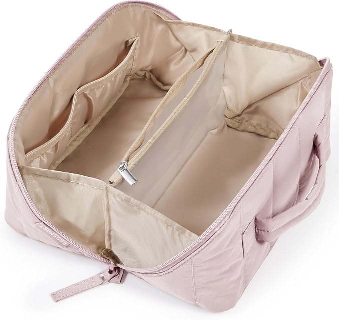BAGSMART Travel Makeup Bag for Women, Portable Water-resistant Cosmetic Case, Puffy Padded Make Up Organizer Pouch, Open Flat Toiletry Bag for Toiletries, Brushes, Pink