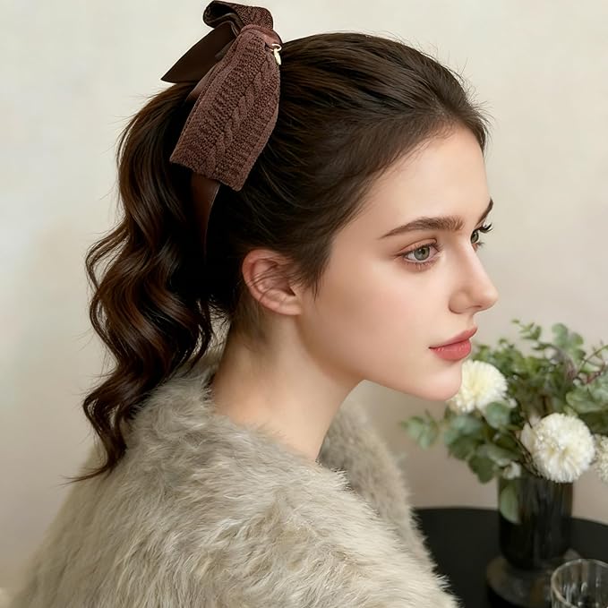 3Pcs Knitted Bow Banana Hair Clips Set, Cable Knit Hair Accessories with Satin Ribbon for Women Girls, Non-Slip Hair Women Daily Clamps for Medium/Thin/Fine Hair (NOT for Thick Hair)