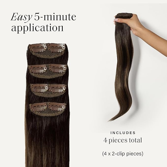 Luxy 100% Remy Human Hair Extensions for Thin Hair Thinning Hair Fill-Ins – 6 Seamless Wefts Multi-Dimensional Color Blend - Natural-Looking Volume & Coverage 80 grams 16" Dimensional Espresso Brown
