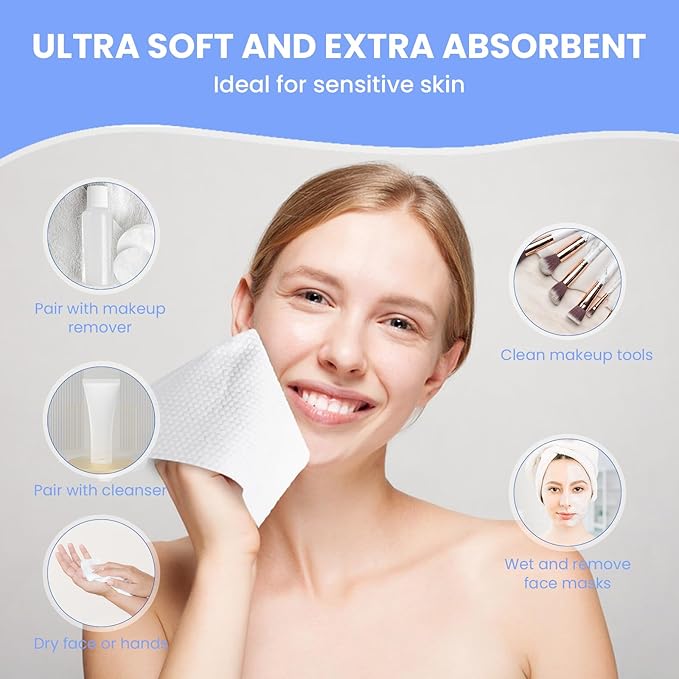 Mirucoo 100 Sheet Daily Cleansing Towels Ultra Soft Dry Wipes for Sensitive Skin Disposable Facial Washcloths 100% Organic Viscose (Pack of 6)
