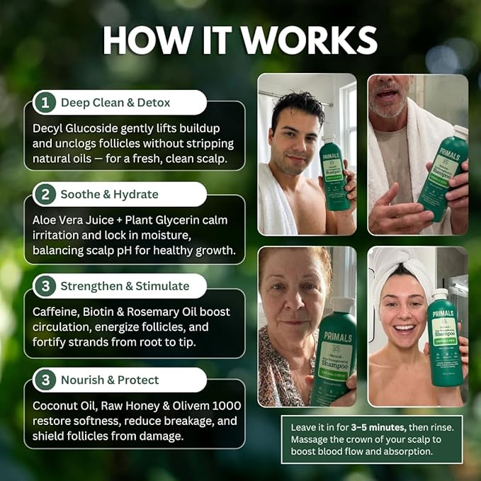 PRIMALS Hair Strengthening Shampoo - Caffiene, Biotin, Raw Honey, Rosemary Oil - Anti Hair Thinning - Natural Ingredients - Zero Artificial Fragrances, Sulfates, Parabens, or Dyes - 13.5 Fl Oz