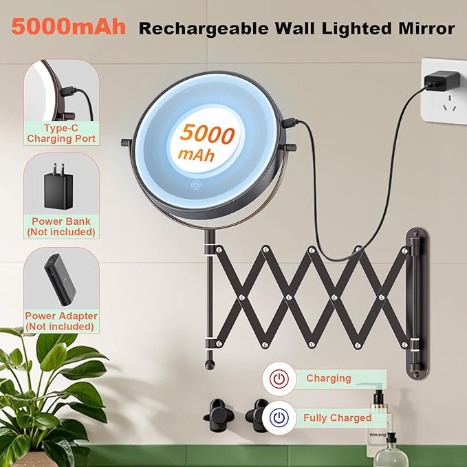 Rechargeable Wall Mounted Makeup Mirror - 8 Inch Double Sided 30X/5X Magnifying Mirror with 3 Color Lights Dimmable Touch Screen, 360°Swivel 19.6 Inch Extendable Accordion Bathroom Mirror