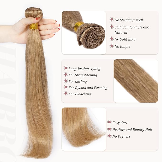 Hairro Sew in Hair Extensions Real Human Hair, 100g/bundle Weave Weft for Women Adding Volume and Length, for DIY Beauty Dating Party, 20 Inch One Bundle Straight Dark Blond