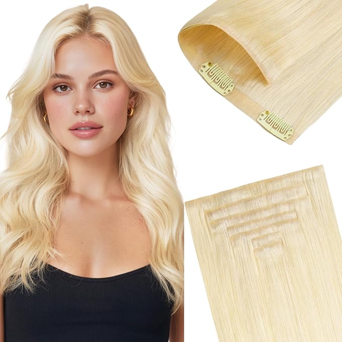 GOO GOO Invisi Edge Clip in Hair Extensions 22inch 140g 7Pcs Injected Seamless PU Clip in Hair Extensions, Virgin Real Human Hair, 60A Platinum Blonde