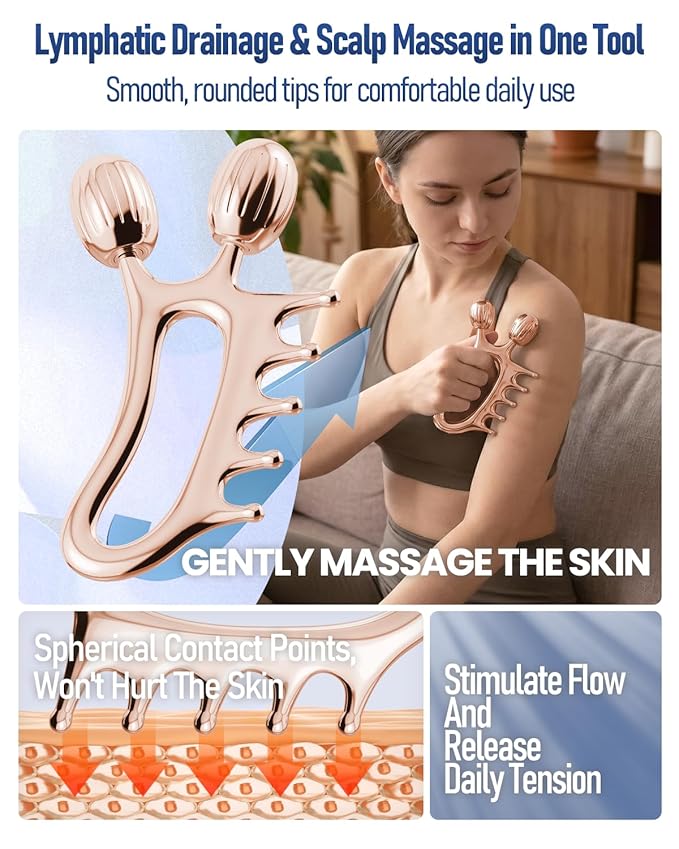 Gua Sha Facial Tools, 3-in-1 Gua Sha & Roller & Comb Set, Upgraded No-Slip Textured Guasha, Metal Lymphatic Drainage Massager for Skin Tightening & Face Sculpting, Skincare Gift for Women (Rose Gold)