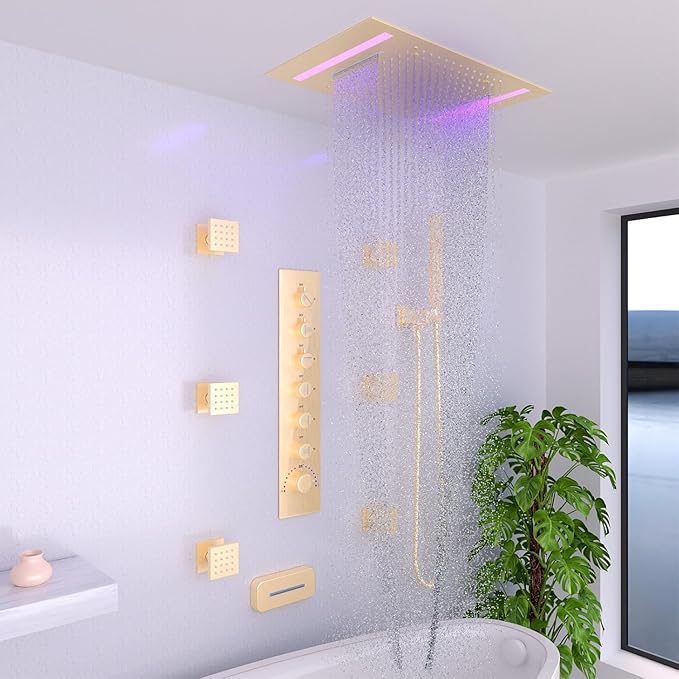 HOMEDEC 14x20" Luxury LED Shower Head with Lights, 3 Functions Rainfall Waterfall Mist, High-Pressure Ceiling Mount Showerhead, Brushed Gold