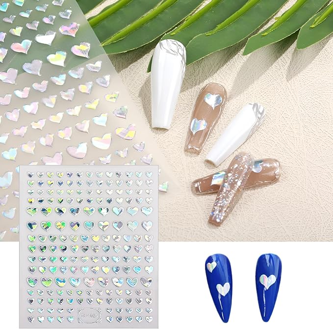 8 Sheets Heart Nail Art Stickers,Valentine's Day Nail Stickers 3D Self-Adhesive Nail Decals, Heart DIY Manicure Decoration Supplies Accessories for Women Girls