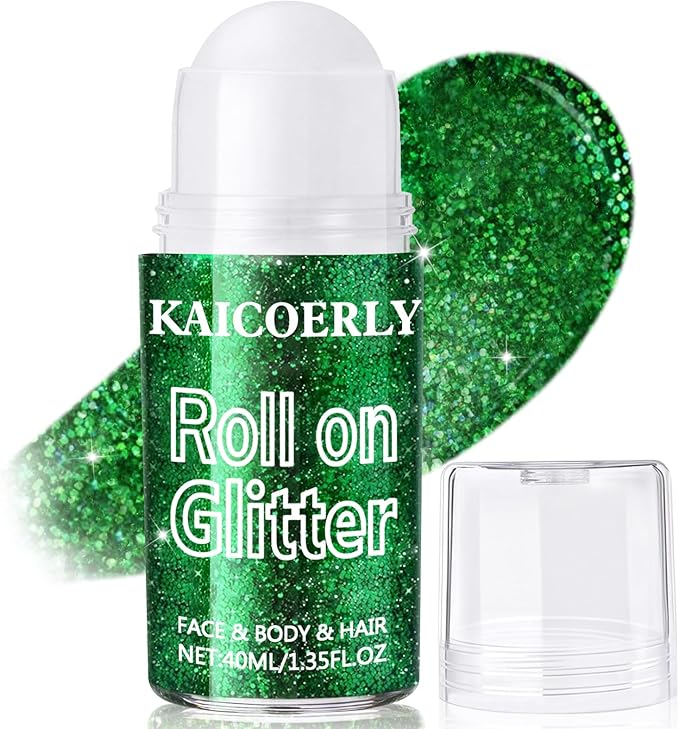 Roll-on Holographic Body Glitter Gel for Women Girls, Sparkle Chunky Glitter Makeup for Christmas New Year Festival Halloween Party Rave, Face Glitter Makeup for Face Body Hair Lips (Green