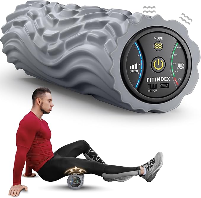 FITINDEX Vibrating Foam Roller for Back Pain, FSA&HSA Eligible, 5-Speed Muscle Massage, Exercise, Muscles Deep Tissue, Physical Therapy, Pilates, Yoga, Neck, Leg, Rechargeable, Travel Portable Gray