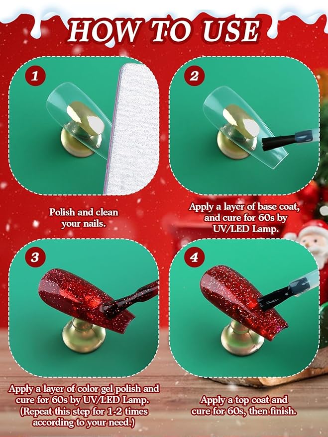 EBANKU Gel Nail Polish Kit, 12 Colors Gel Polish Kit Red Green Gel Polish Glitter Blue Silver Gel Polish Set Christmas Nail Polish Kit DIY Manicure Set For Nail Art Decoration