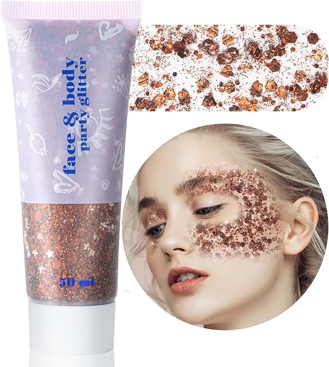 MEICOLY Brown Body Glitter,Deer Maroon Face Glitter Gel,Holographic Mermaid Sequins Halloween Glitter Face Paint,Self-Adhesive Chunky Glitter for Face Body Hair,Glitter Makeup for Women and Kids