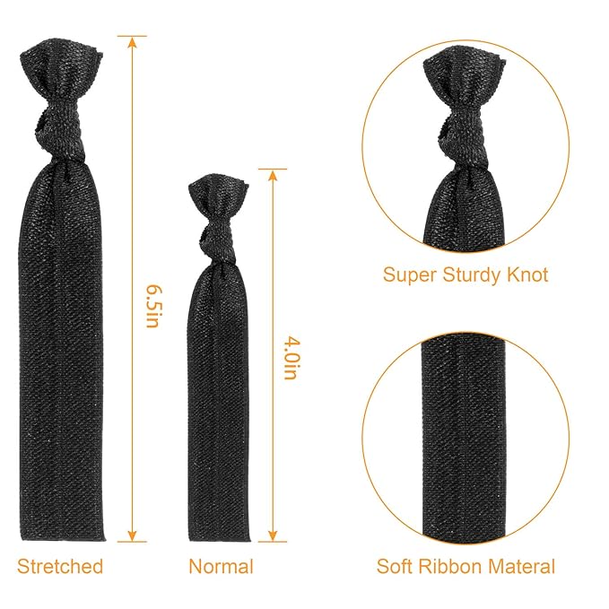 79STYLE 100 Pcs Elastic Hair Ties Ribbon Hair Ties Black White Ribbon Ponytail Holders, No Crease No Pull Soft Fabric Yoga Twist Hair Bands Hair Accessories Hand Knotted Fold Over Solid Colors (Black