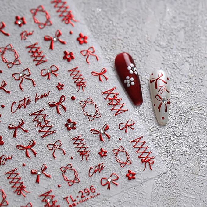 Bow Nail Art Sticker Self-Adhesive Red Flowers Bows with Nails Rhinestones Nail Decals Design Valentine Bow Nail Sticker DIY Manicure Acrylic Nails Decoration Accessories for Women
