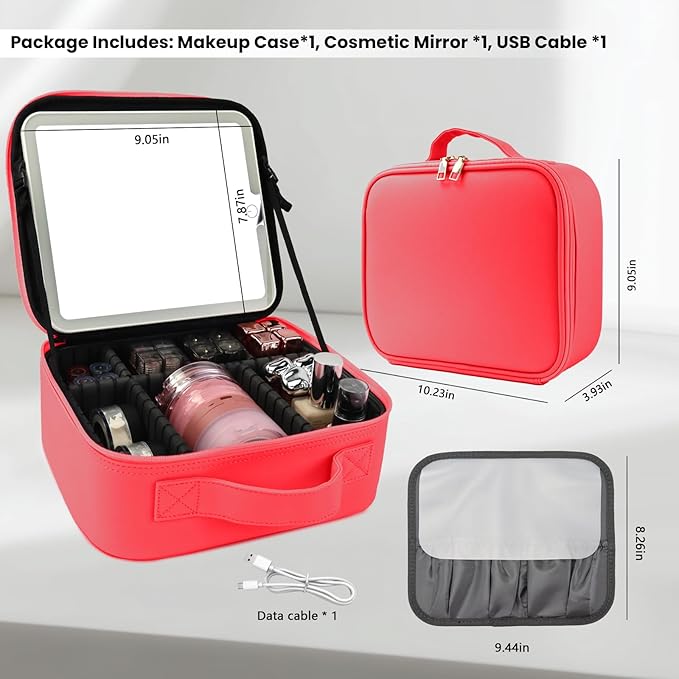 SUILU Travel Makeup Bag with LED Mirror and Light Makeup Travel Bag Organizer Portable Cosmetic Brush Organizer Bag with Adjustable Dividers for Cosmetics Makeup Brushes Toiletry (Light Red)