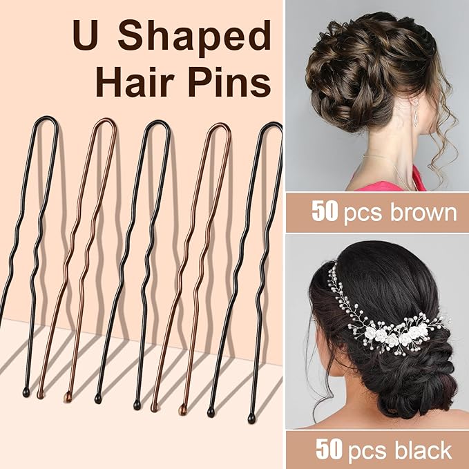 TsMADDTs Hair Pins, 2.4in 50 pcs Brown and 50 pcs Balck U Shaped Hair Pins for Women, Ballet Bun Hairstyles with Storage Box