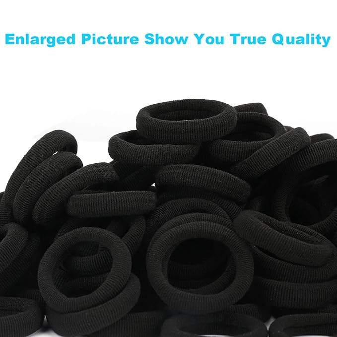 Black Seamless Hair Ties – Cotton Hair Bands – Tiny Elastics Ponytail Holders for Toddlers, 1 Inch in Diameter, Black, by Nspring