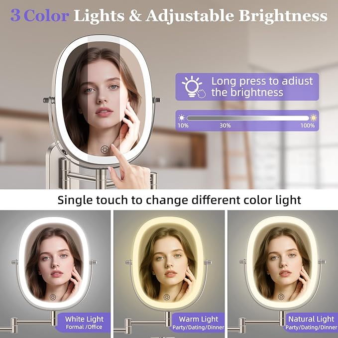 FUNTOUCH 30X/1X Wall Mounted Lighted Makeup Mirror,5000mAh Rechargeable Double Sided Magnifying Bathroom Lighted Mirror, 3 Color Modes Touch Dimmable Extended Arm 360 Rotation, Brush Nickel