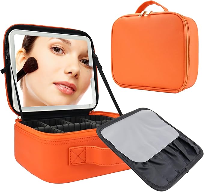 SLUMAZI Travel Makeup Bag with LED Mirror Travel Makeup Organizer with 3 Lighted Settings, Adjustable Dividers and Makeup Brush Storage Bag Orange