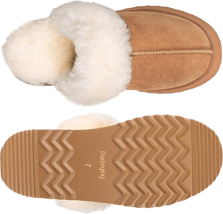 Parfeying Women's Shearling Slippers Genuine Leather with Rubber Sole, Sheepskin Fuzzy Indoor Outdoor Shoes for Home