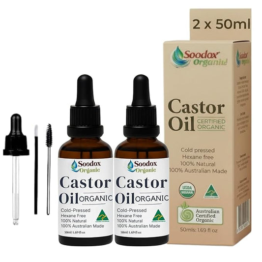 Castor Oil Organic for Hair, Skin, Face & Nail Care 50ml, Eyelashes & Eyebrows Hair Growth Oil, Cold Pressed, Unrefined & Hexane-Free, Australian Made, Bonus Dropper & Brushes, 2 pack