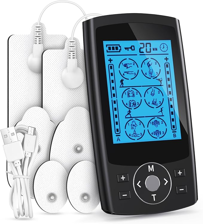 TENS Unit Muscle Stimulator, 24 Modes Dual Channel TENS EMS Machine for Muscle Tension and Back Relief, Rechargeable Pulse Massager with Timer, 6 Upgraded Pads for Neck Shoulder Leg and Knee