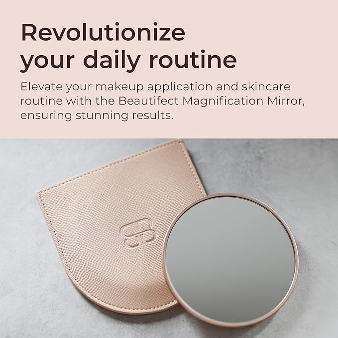 Beautifect 7X Magnifying Mirror - Compact Travel Mirror with Vegan Leather Sleeve - Matte Gold