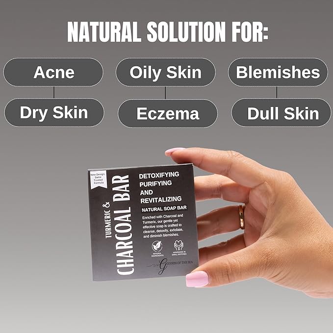 Turmeric Charcoal Bar – Natural Face & Body Soap for Acne, Dark Spots & Detox | Even Skin Tone | Deep Cleansing | Handmade, Organic, Vegan with Activated Charcoal & Turmeric (1)