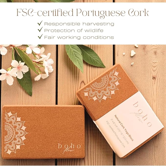 Cork Yoga Block 2 Pack with Strap & Bag | Premium Eco-Friendly Cork Bricks 9”x6”x3” | Heavy-Duty, Non-Slip & Durable Yoga Props | Plastic-Free, EVA-Free, Non-Toxic