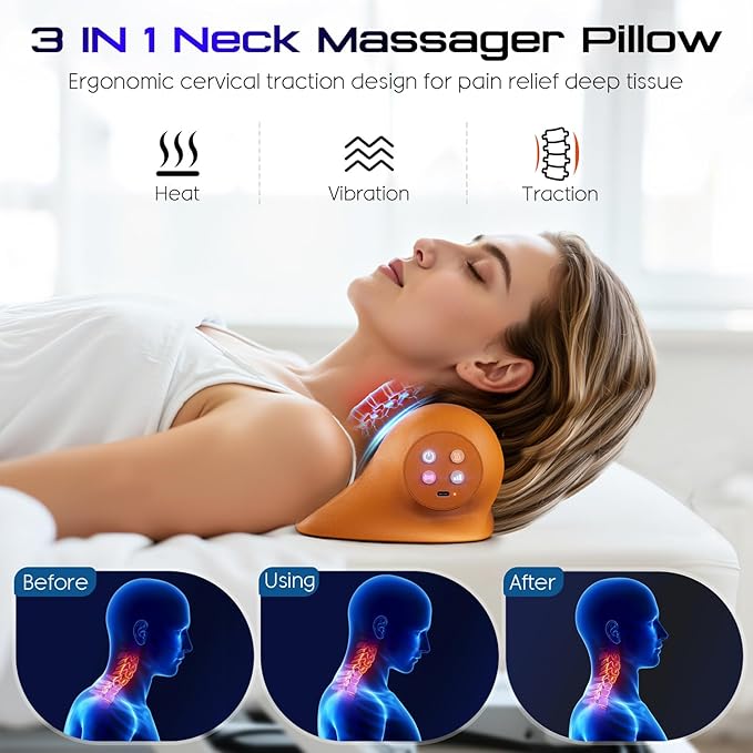JDZ Neck Massager with Heat, 3-in-1 Electric Cervical Massager for Pain Relief with Hot Compress, Ergonomic Neck and Shoulder Relaxer Stretcher - ldeal Gift for Office Athletes Everyone etc. Brown