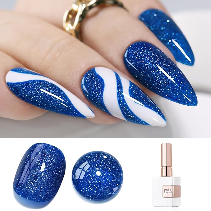 Double Rhythm 15ML Glitter Gel Polish Shimmer Reflective Holographic Color Magnetic for Nail Art Salon DIY at Home (Deep Blue-B1158)