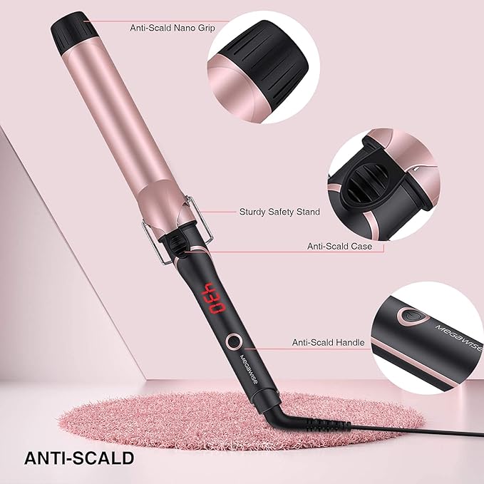 MEGAWISE Unlock Your Hair's Potential with MegaWise Pro Curling Iron: 1 1/4 inch Ceramic Barrel, 60s Fast Heating, Anti-Scald Grip, and Complete Styling Kit for Effortless Glamour!