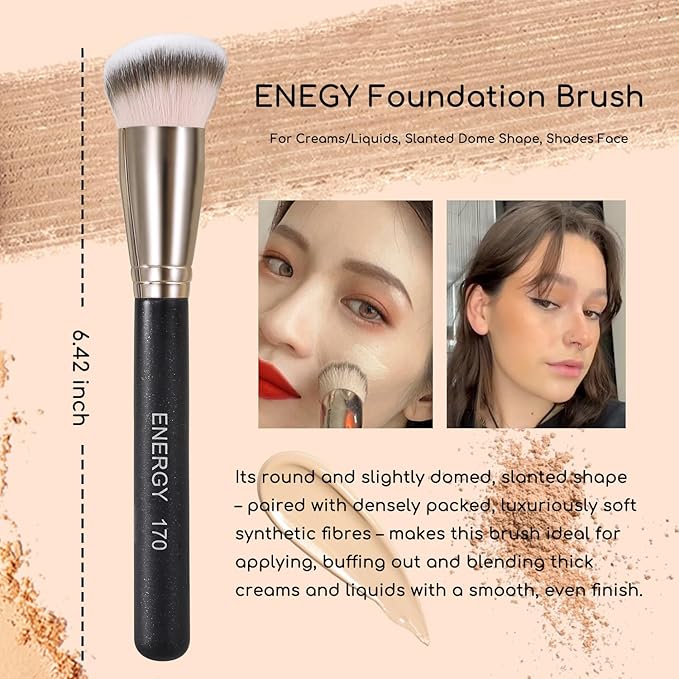 ENERGY Foundation Brush for Liquid Makeup - Professional Makeup Brush for Liquid, Cream & Powder Blending,Buffing and Contouring - Soft Vegan Synthetic Bristles Face Make Up Tool