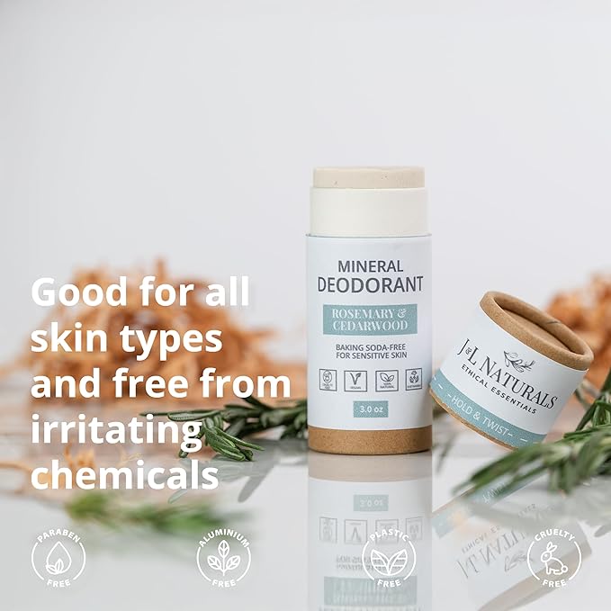 J&L Naturals Mineral Deodorant | Baking Soda-Free, 100% Natural, Sustainable | Sensitive Deodorant For Women & Men | Aluminum Free, Vegan, Cruelty-Free (Rosemary & Cedarwood, 3 Oz (Pack of 4))