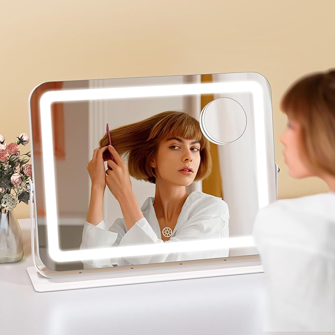 Hasipu Makeup Vanity Mirror with Lights, 16" L x 12" W LED Tabletop Make up Mirror for Desk, Lighting & Brightness Adjustment, 360°Rotation, 10x Magnification