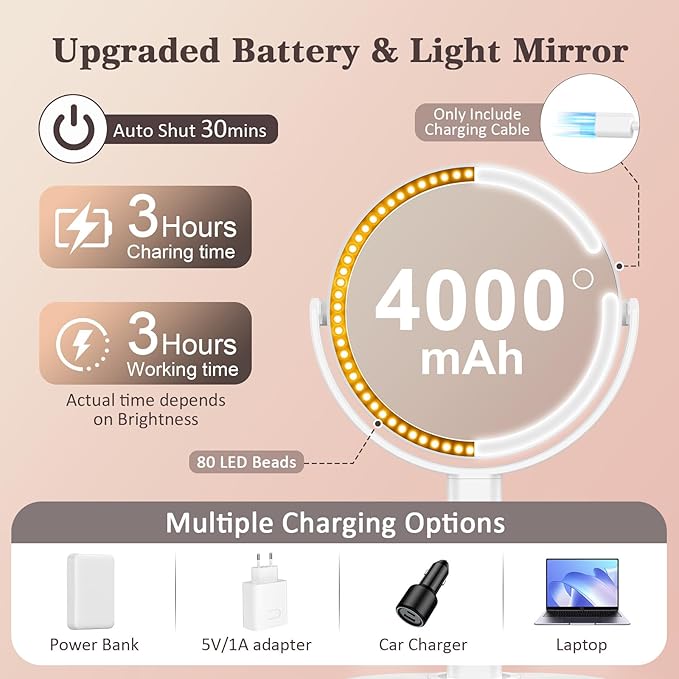 Makeup Mirror with Lights, 4000mAh Rechargeable Magnifying Mirror with 3 Colors Lights and Adjustable Brightness, 15X/1X Makeup Mirror, Height and 360°Adjustable, Valentine's Gifts for Women