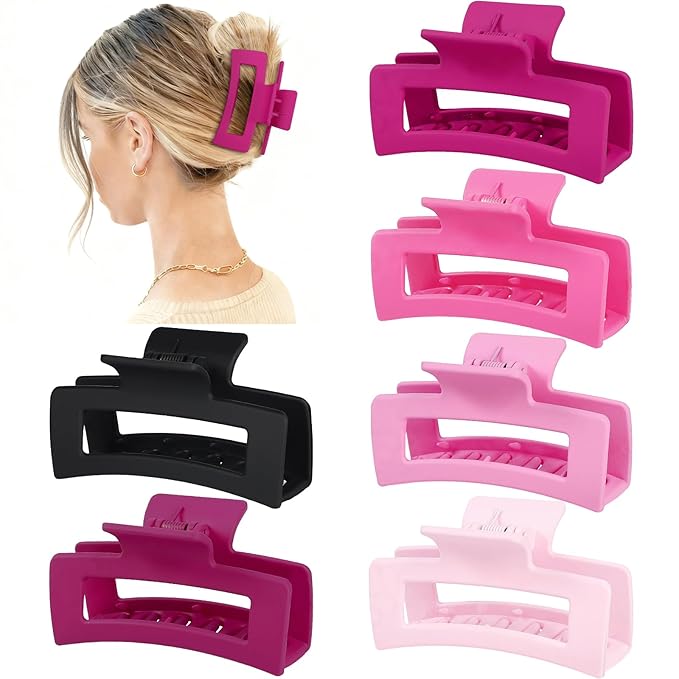 3.5 Inch Medium Hair Claw Clips 6 Pack Hair Clips for Women Square Rectangle Claw for Hair Banana Jaw Clips Hair Accessories for Girls (Pink Purple)