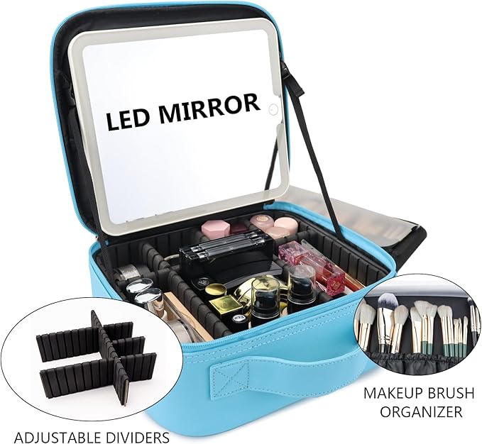SLUMAZI Travel Makeup Bag with LED Mirror Travel Makeup Organizer with 3 Lighted Settings, Adjustable Dividers and Makeup Brush Storage Bag Blue